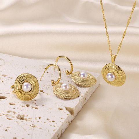 Wholesale Elegant Lady Geometric Stainless Steel Plating Inlay 18k Gold Plated Pearl Rings Earrings Necklace