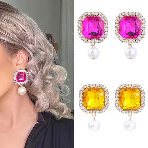 Wholesale Jewelry Ig Style Simple Style Square Alloy Rhinestones Glass Pearl Inlay Drop Earrings
