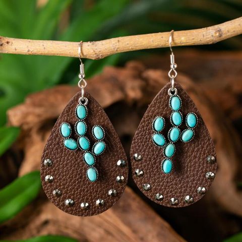 1 Pair Ethnic Style Streetwear Water Droplets Feather Inlay Pu Leather Alloy Turquoise Drop Earrings