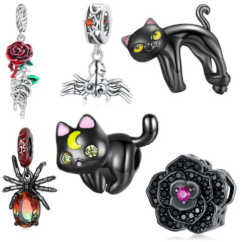 Casual Handmade Novelty Cat Rose Spider Sterling Silver Beaded Inlay Zircon White Gold Plated Halloween Jewelry Accessories