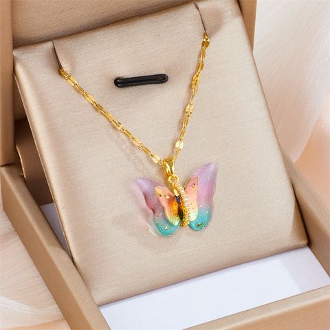 Wholesale Sweet Butterfly Titanium Steel Inlay Artificial Gemstones Pendant Necklace