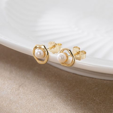 1 Pair Simple Style Geometric Plating Hollow Out Inlay Sterling Silver Pearl Ear Studs