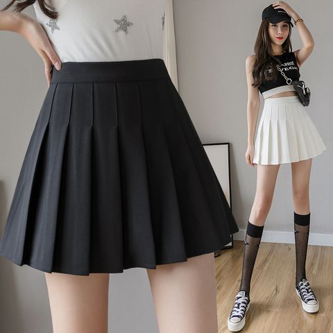 Casual Solid Color Skirts Polyester Pleated Skirt Above Knee Bottoms