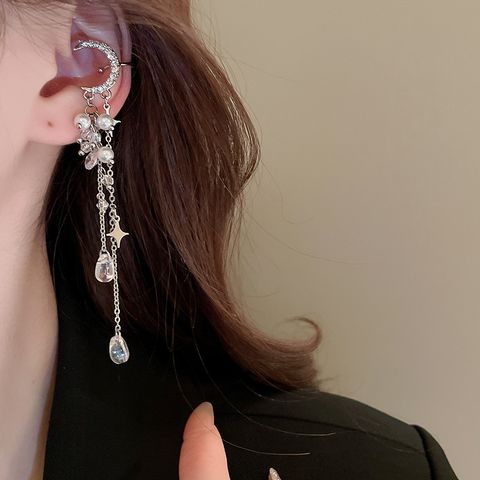 1 Pair Ig Style Shiny Star Moon Tassel Pearl Inlay Alloy Rhinestones Ear Cuffs