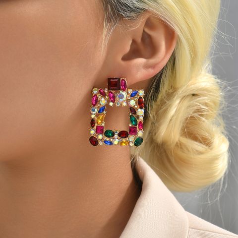 1 Pair Fashion Square Water Droplets Rhinestone Women's Chandelier Earrings