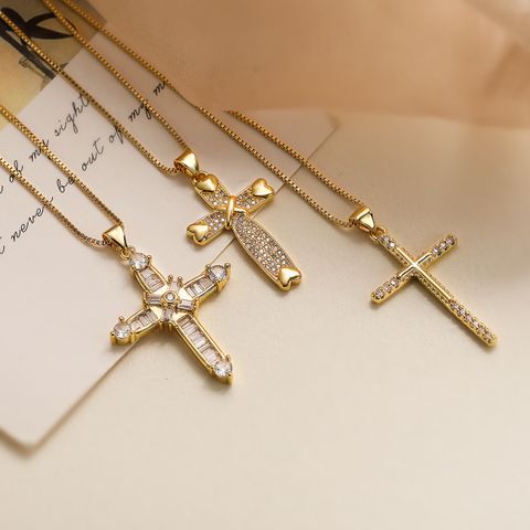 Simple Style Commute Cross Copper 18k Gold Plated Zircon Pendant Necklace In Bulk