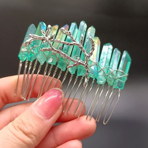 Women's Vintage Style Crown Natural Stone Crystal Handmade Insert Comb