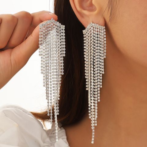 1 Pair Elegant Tassel Irregular Inlay Alloy Artificial Diamond Drop Earrings