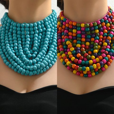 Wholesale Jewelry Lady Queen Sexy Colorful Wood Iron Beaded Braid Double Layer Necklaces