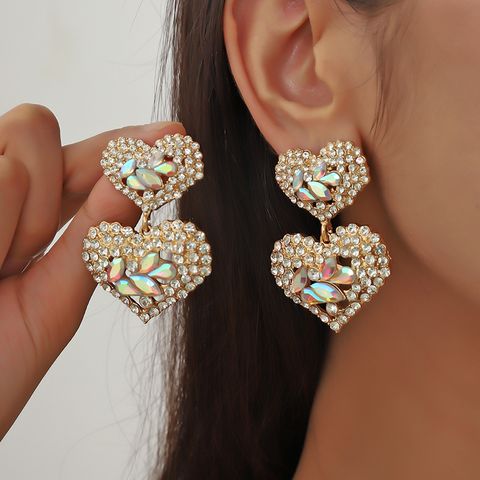 1 Pair Lady Heart Shape Inlay Alloy Artificial Diamond Drop Earrings
