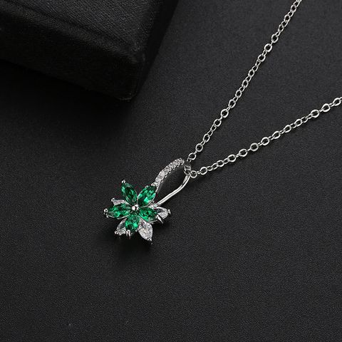 Wholesale Simple Style Flower 304 Stainless Steel Copper Plating Inlay Rhodium Plated Zircon Necklace Pendant