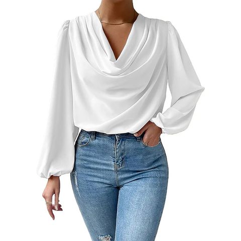 Women's Blouse Long Sleeve Blouses Pleated Elegant Solid Color