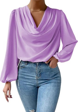 Women's Blouse Long Sleeve Blouses Pleated Elegant Solid Color