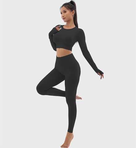 Sports Solid Color Nylon Round Neck Tracksuit T-shirt Leggings