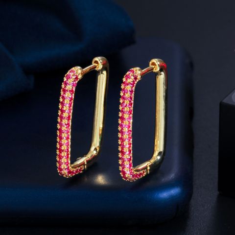 1 Pair Simple Style Circle Square Plating Inlay Copper Copper Alloy Artificial Diamond 14k Gold Plated White Gold Plated Hoop Earrings