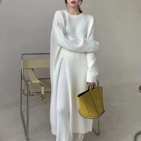 Women's Sweater Dress Casual Round Neck Long Sleeve Solid Color Midi Dress Street