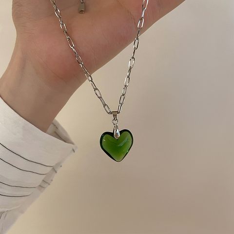 Modern Style Heart Shape Glass Titanium Steel Polishing Necklace