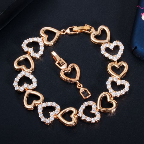Elegant Sweet Heart Shape Brass Hollow Out Inlay Zircon Gold Plated Bracelets