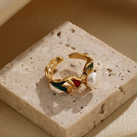 Klassisch Retro Pendeln Irregulär Kupfer Gemalt Überzug Inlay Perle 18 Karat Vergoldet Offener Ring