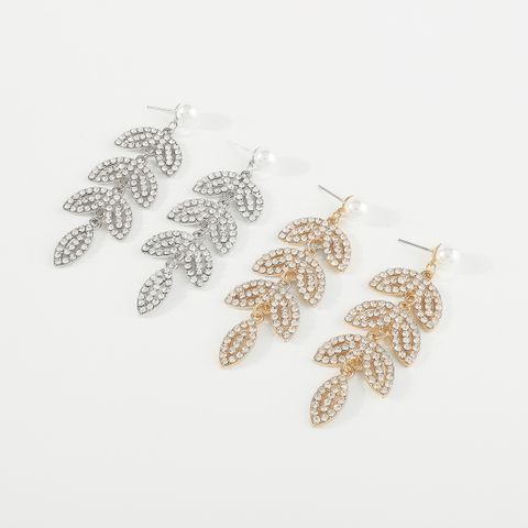 1 Pair Elegant Shiny Leaves Inlay Imitation Pearl Iron Rhinestones Drop Earrings