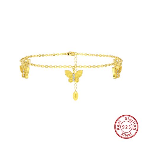 Simple Style Butterfly Sterling Silver Plating Inlay Inlaid Gold Zircon 14k Gold Plated White Gold Plated Rhodium Plated Women's Anklet