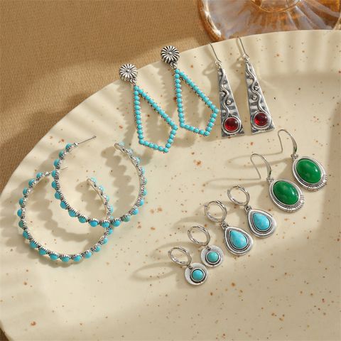 1 Pair Retro Commute Round Plating Inlay Arylic Alloy Turquoise Silver Plated Earrings