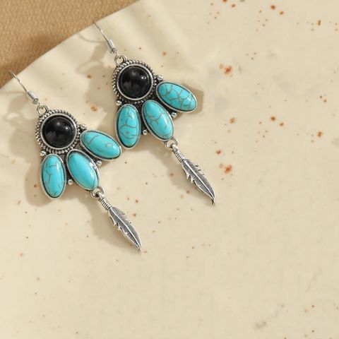 1 Pair Retro Commute Round Plating Inlay Alloy Turquoise Silver Plated Earrings
