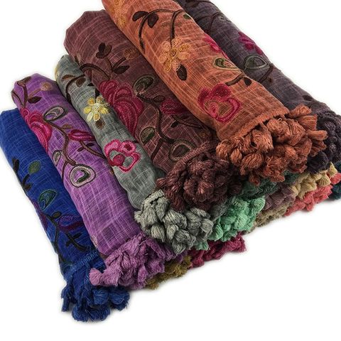 Women's Simple Style Leaves Solid Color Flower Cotton And Linen Embroidery Tassel Scarf Shawl