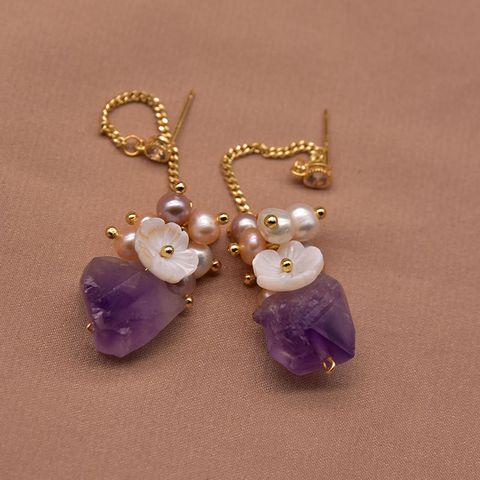 1 Pair Elegant Flower Tassel Artificial Crystal Freshwater Pearl Copper 18k Gold Plated Drop Earrings