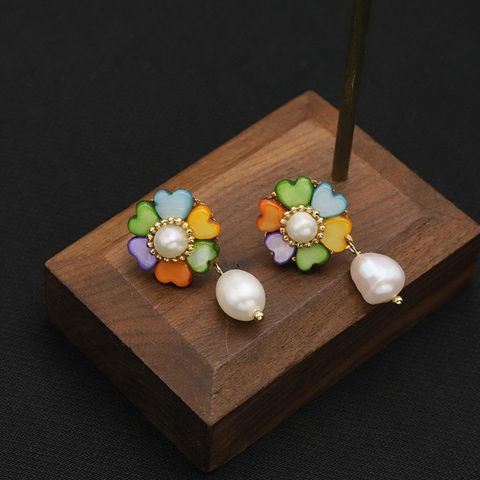 1 Pair Retro Flower Plating Inlay Sterling Silver Pearl 18k Gold Plated Drop Earrings