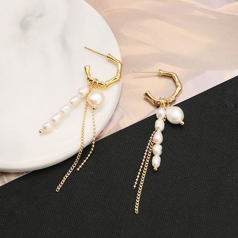 1 Pair Vintage Style Solid Color Plating Freshwater Pearl Sterling Silver 18k Gold Plated Drop Earrings
