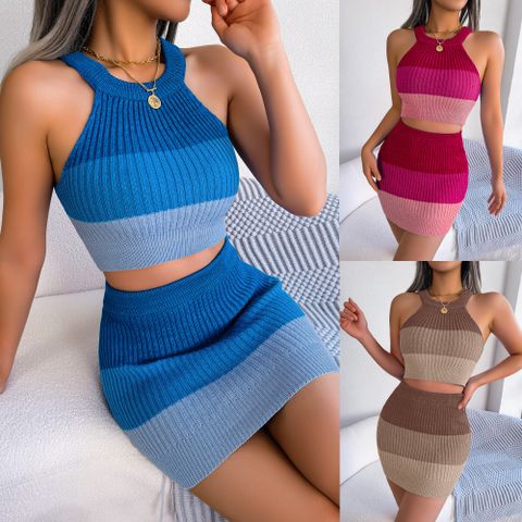 Street Women's Sexy Gradient Color Rayon Skirt Sets Skirt Sets