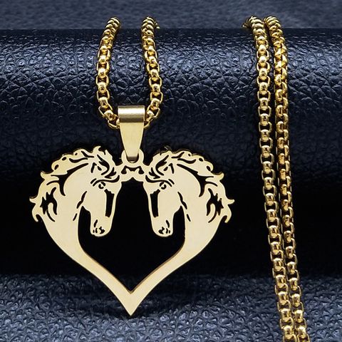 304 Stainless Steel Gold Plated Hip-Hop Heart Shape Horse Pendant Necklace