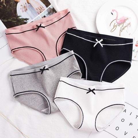 Solid Color Stereotype Comfort Breathable Bowknot Mid Waist Briefs Panties