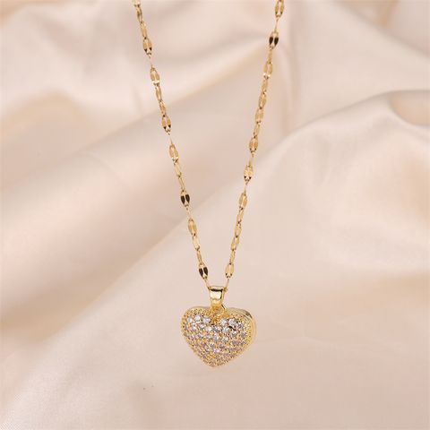 Princess Cute Commute Heart Shape Stainless Steel Brass Plating Inlay Zircon 18k Gold Plated Pendant Necklace
