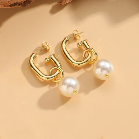 1 Pair Ig Style Geometric Pearl Plating Inlay Copper Pearl 14k Gold Plated Earrings