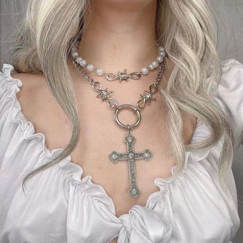 Retro Cross Metal Inlay Artificial Pearls Women's Double Layer Necklaces