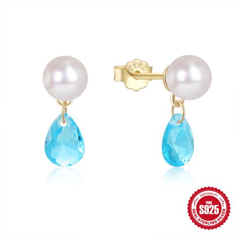 1 Pair Simple Style Water Droplets Plating Inlay Sterling Silver Pearl Zircon 18k Gold Plated Drop Earrings