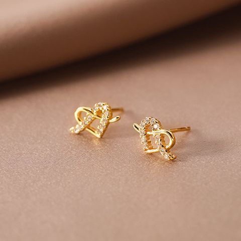 1 Pair Simple Style Heart Shape Plating Inlay Sterling Silver Gem Ear Studs