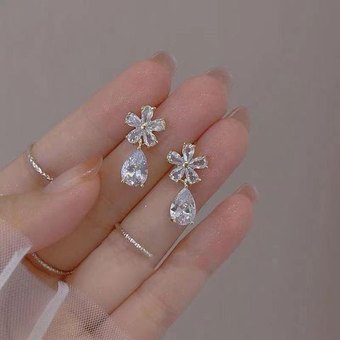 Wholesale Jewelry Elegant Sweet Flower Alloy Zircon Inlay Drop Earrings