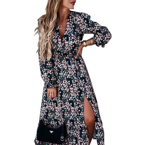 Women's Slit Dress Casual Vintage Style V Neck Printing Long Sleeve Ditsy Floral Midi Dress Street