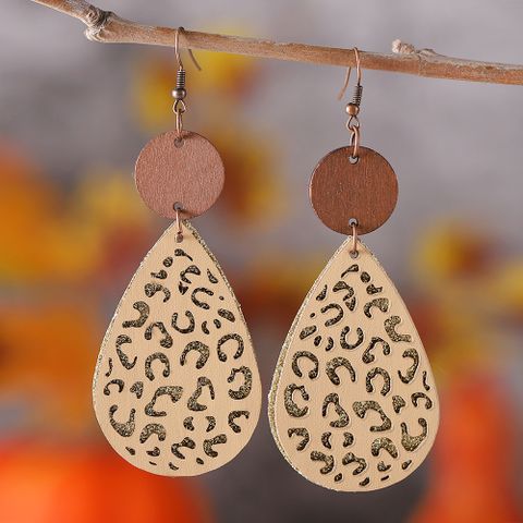 Wholesale Jewelry Vintage Style Water Droplets Pu Leather Wood Drop Earrings