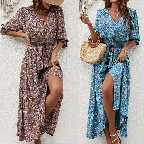 Women's Boho Dress Vacation Ethnic Style V Neck Printing Tassel 3/4 Length Sleeve Printing Maxi Long Dress Holiday Travel