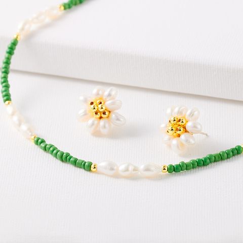 Retro Blume Süßwasserperle Messing Perlen Überzug Frau Ohrringe Halskette