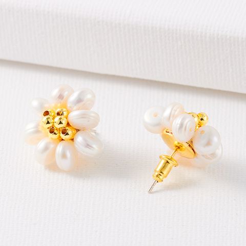 Retro Flower Freshwater Pearl Brass Beaded Plating Women's Earrings Necklace