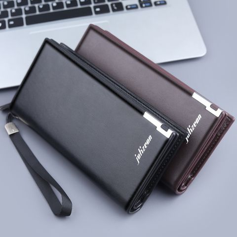 Men's Letter Solid Color Pu Leather Zipper Wallets