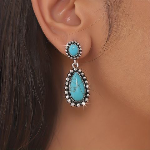 Wholesale Jewelry Retro Water Droplets Alloy Turquoise Inlay Ear Studs