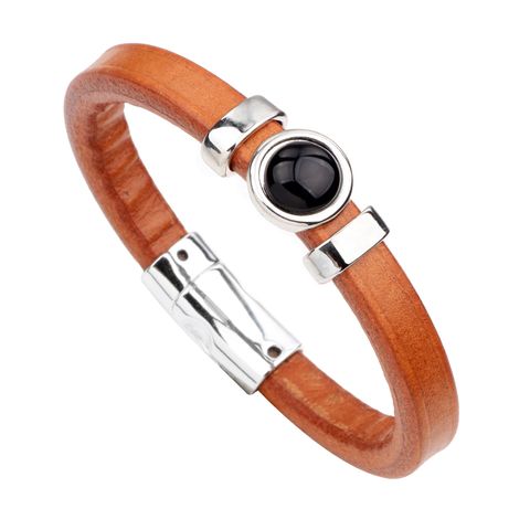 Casual Simple Style Round Alloy Leather Inlay Natural Stone Unisex Bangle