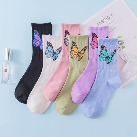 Women's Japanese Style Butterfly Cotton Crew Socks A Pair