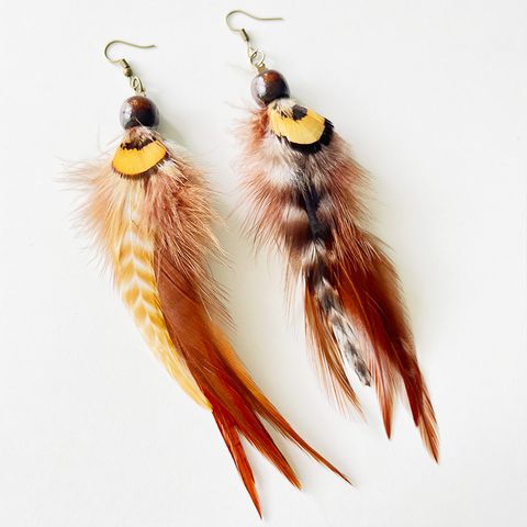 1 Pair Retro Ethnic Style Feather Wooden Beads Feather Iron Drop Earrings
